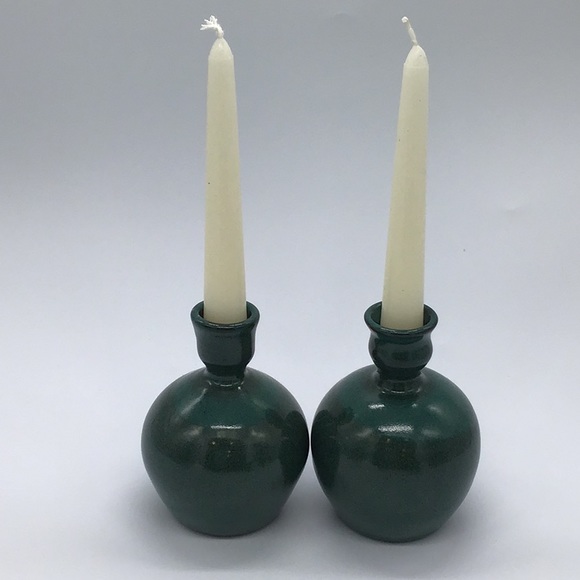 Pair of Studio Pottery Teal Green Glazed Candlestick Vase Holder - Picture 1 of 5